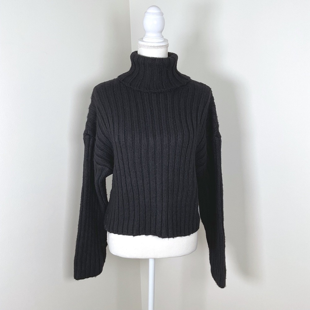 Topshop Womens Black Chunky Knit Ribbed Turtleneck Cropped Fuzzy Sweater US 4-6